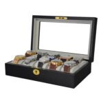Open luxury 10 slot watch display case with watches and velvet cushions