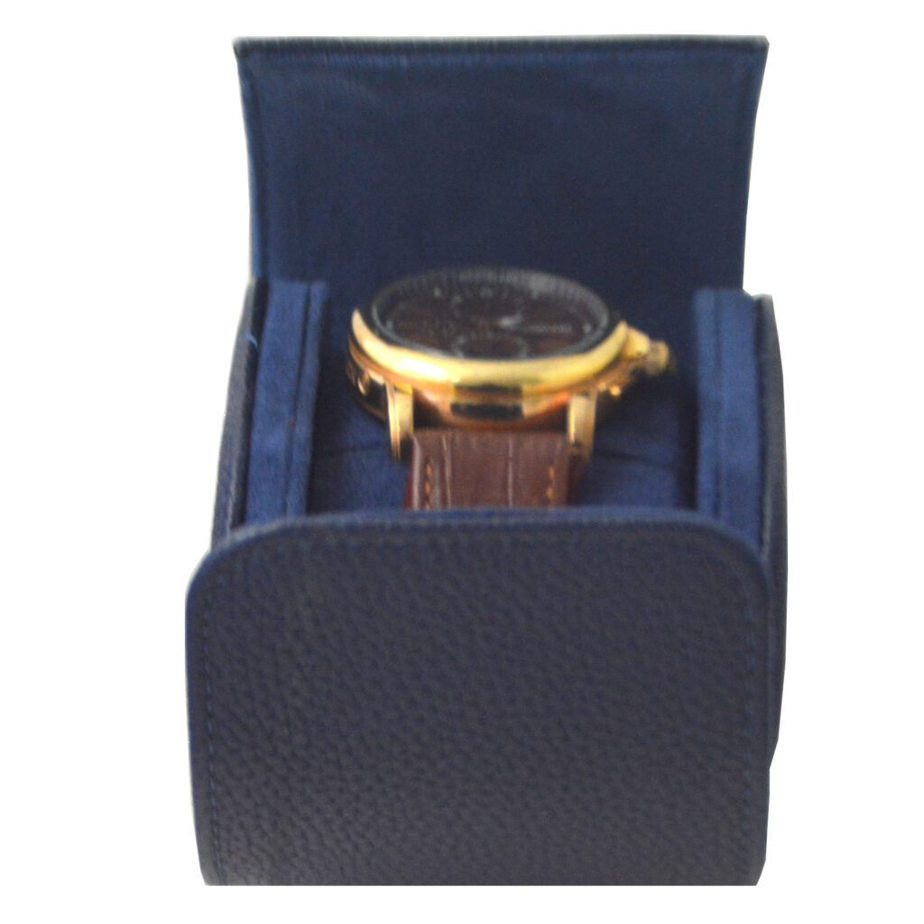 Open blue single watch travel roll holding one watch