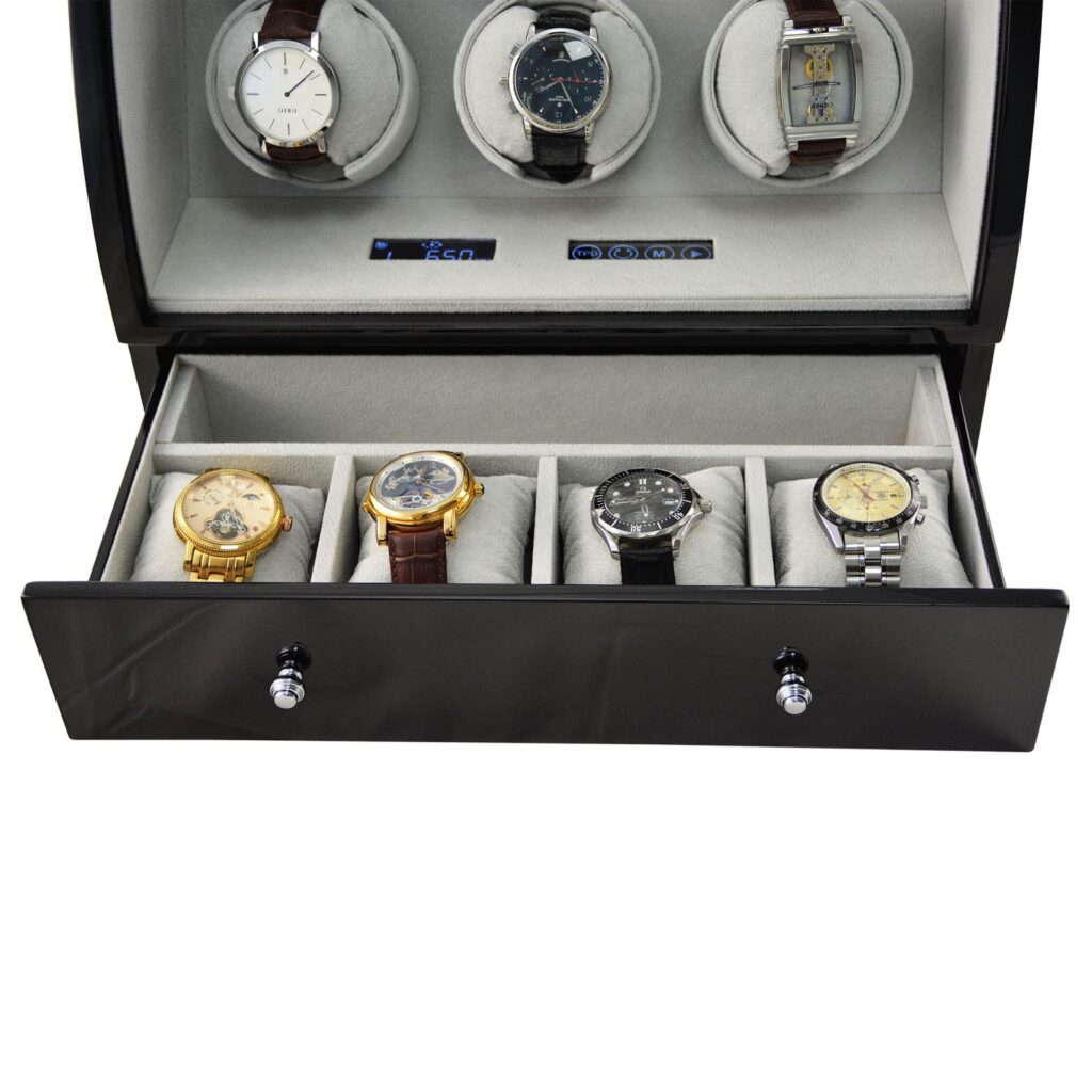 12 o'clock return watch winder storage position details with black finish and hardware lock design
