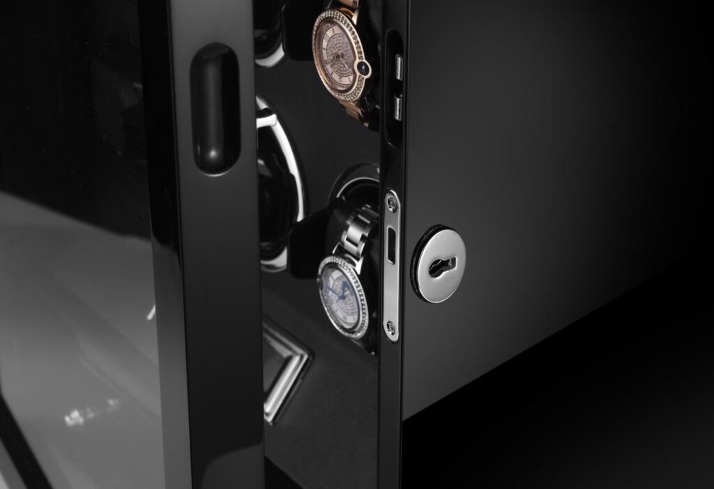 Watch winder case door lock detail with remote control and LED light