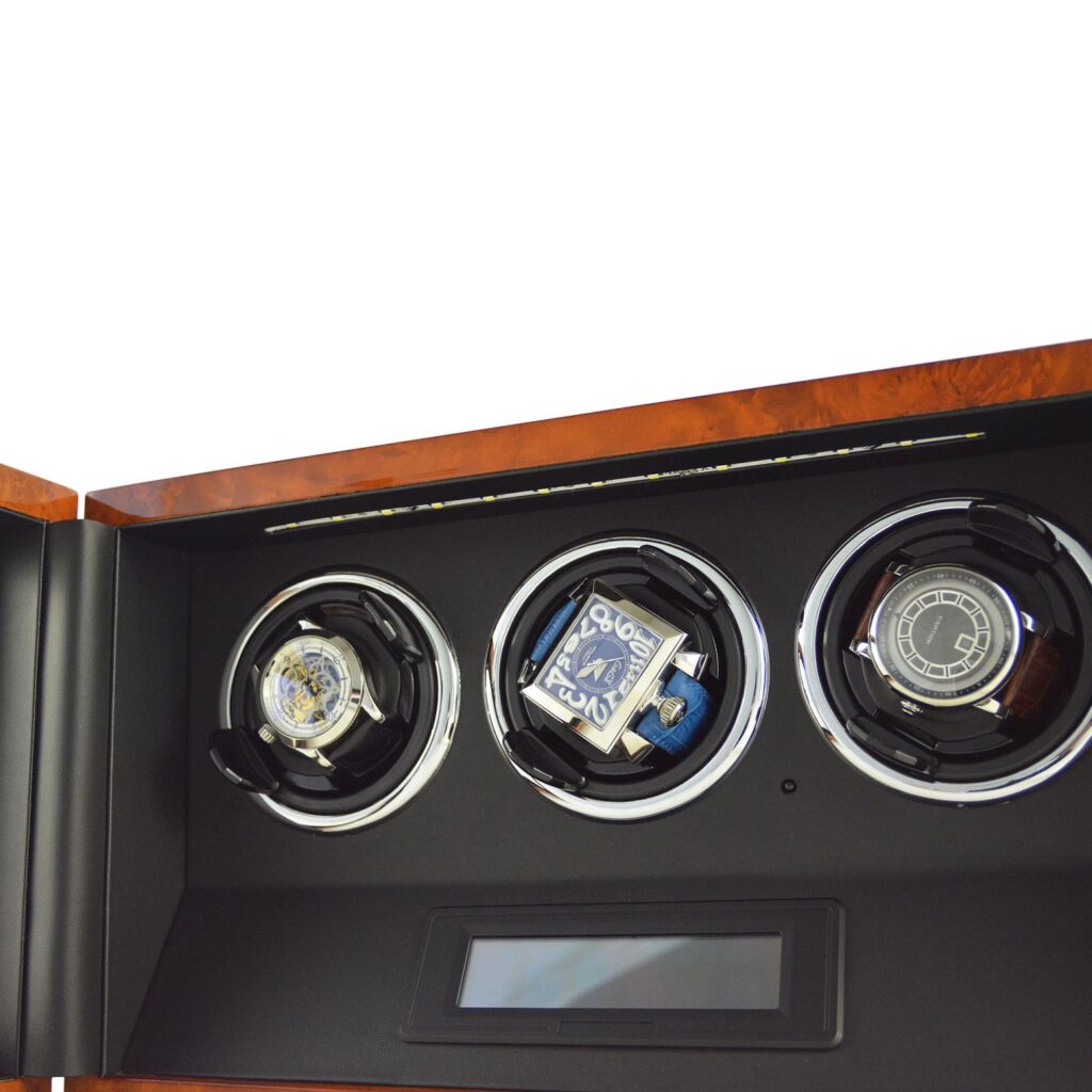 Triple watch winder LED light detail with 360 degree free-insert watch holders