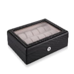 18 slot watch case with black carbon fiber exterior, acrylic display window and beige interior