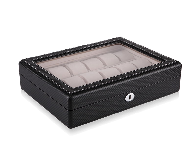 18 slot watch case with black carbon fiber exterior, acrylic display window and beige interior
