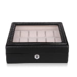 18 slot watch display case with carbon fiber finish, acrylic window and front hardware lock