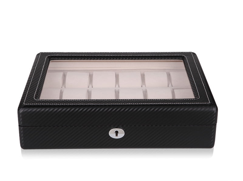 18 slot watch display case with carbon fiber finish, acrylic window and front hardware lock