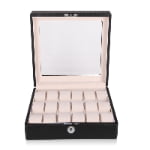 Open 18 watch display case with black carbon fiber exterior and beige velvet compartments