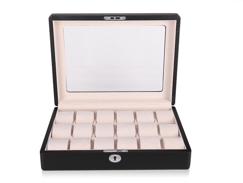 Open 18 watch display case with black carbon fiber exterior and beige velvet compartments