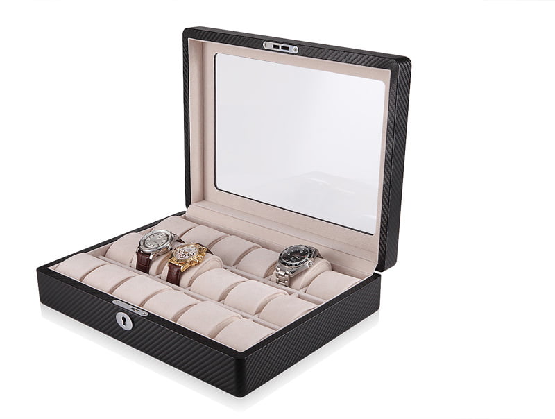 Open 18 watch case with beige watch cushions and carbon fiber-wrapped exterior