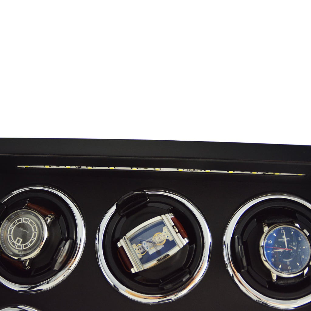 6 watch winder interior detail with watch holders, black interior and LED lighting