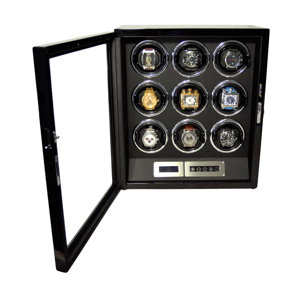 9 watch winder with open tempered glass door, ebony finish and nine watches displayed