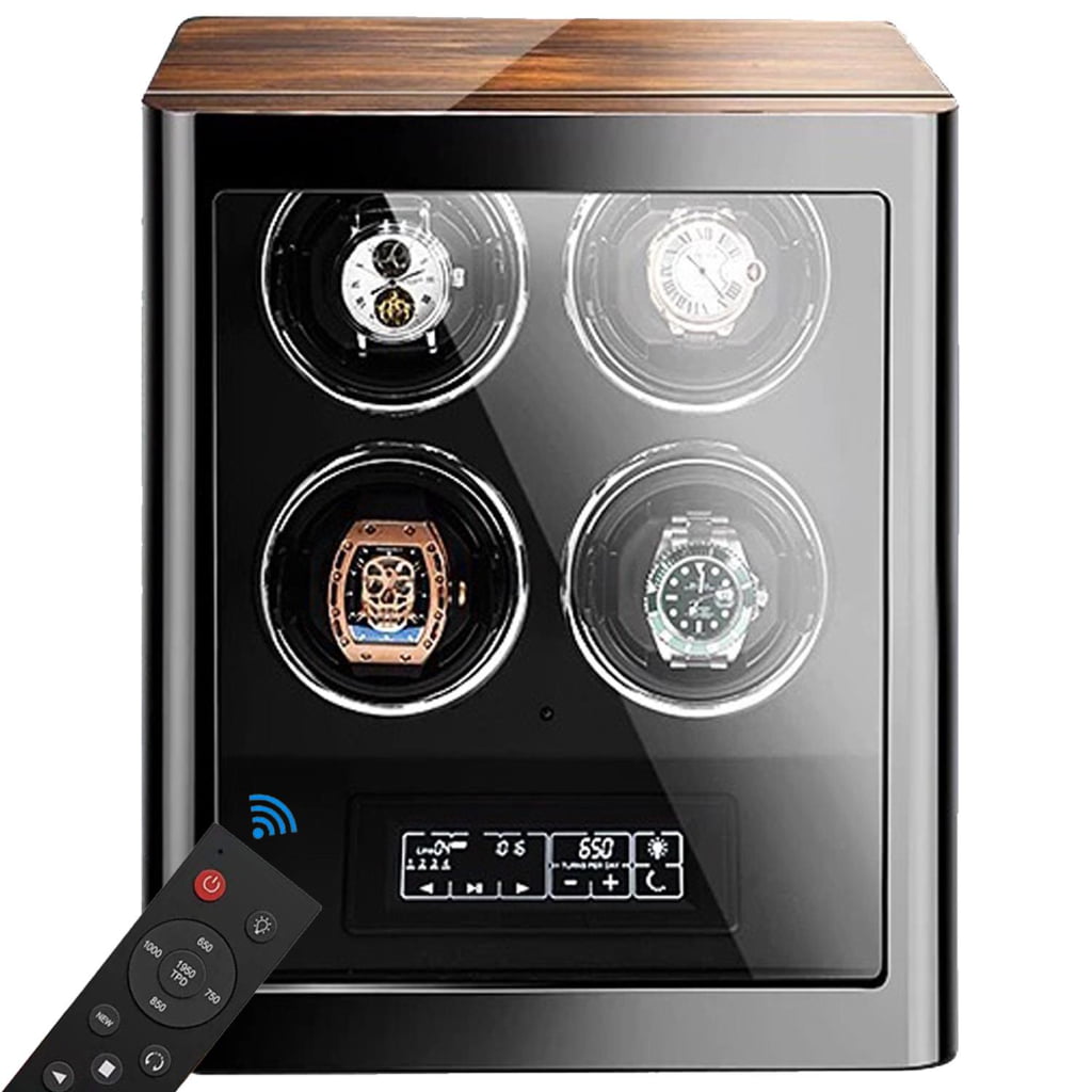 4 watch winder with zebra stripe top, tempered glass display, touchscreen and remote control