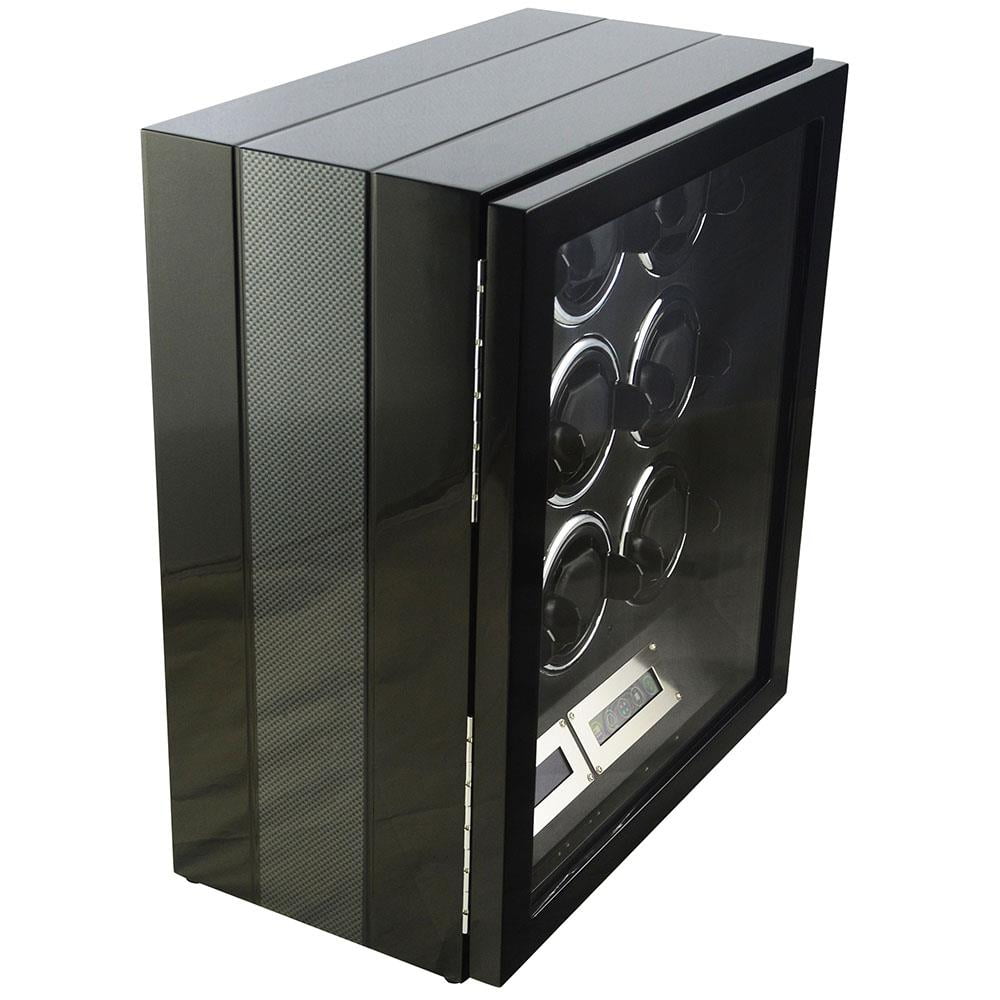 9 watch winder side view with carbon fibre-style panel, high-gloss cabinet and tempered glass door