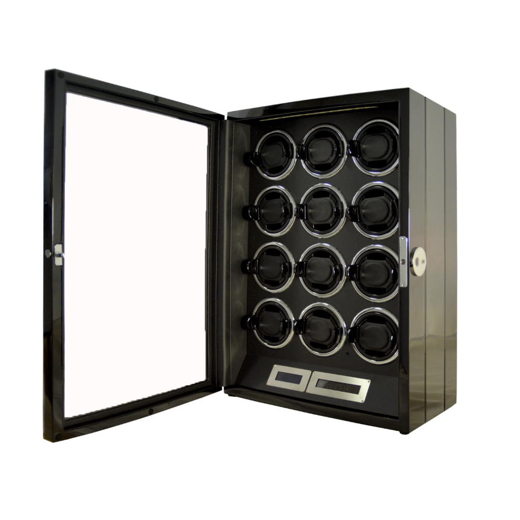 12 watch winder open angle view with carbon fibre-style exterior, black interior and touchscreen controls