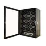 12 watch winder open angle view with carbon fibre-style exterior, black interior and touchscreen controls