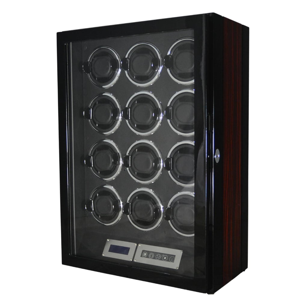 12 watch winder closed angle view with high-gloss ebony side panels and tempered glass display window