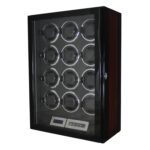 12 watch winder closed angle view with high-gloss ebony side panels and tempered glass display window