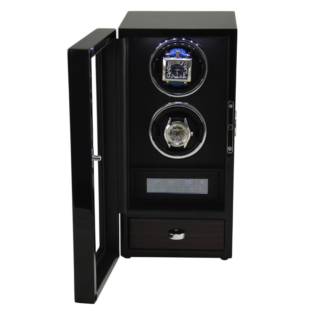 Black 2 watch winder displaying two watches with touchscreen control and lower storage drawer