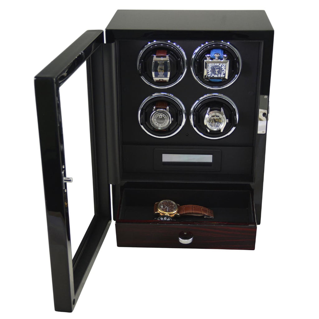 Black 4 watch winder displaying four watches with LED lighting and open storage drawer Image 03
