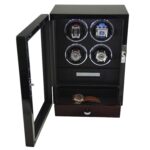 Black 4 watch winder displaying four watches with LED lighting and open storage drawer Image 03