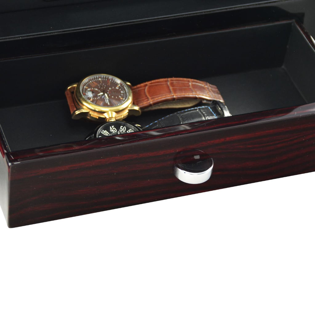 6 watch winder storage drawer with dark wood-style front panel and watches inside