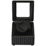 Black single watch winder with open acrylic window lid and PU leather-wrapped interior