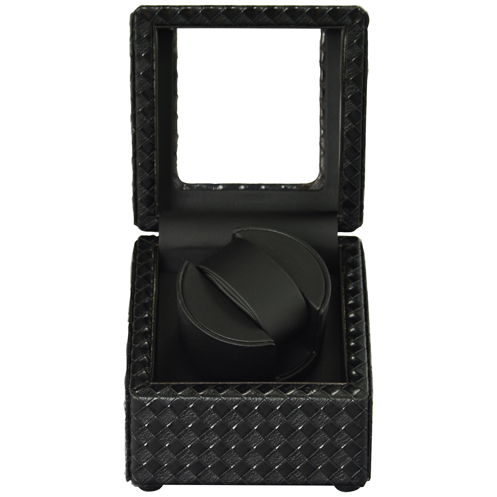 Black single watch winder with open acrylic window lid and PU leather-wrapped interior