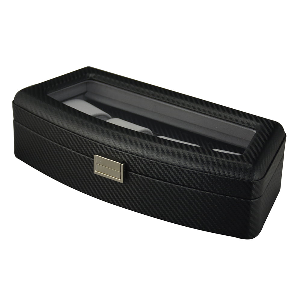 Carbon fiber watch storage box with black exterior and compact design