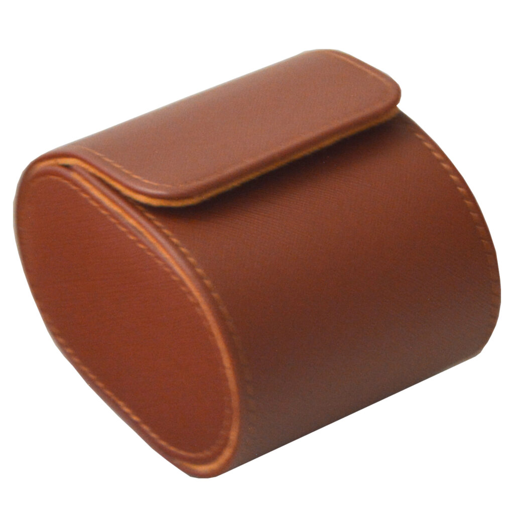 Brown PU leather single watch travel box shown from the side