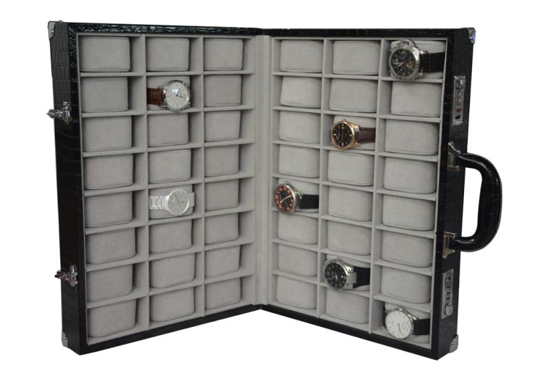 Open 48 watch collection case with gray velvet interior and watch compartments