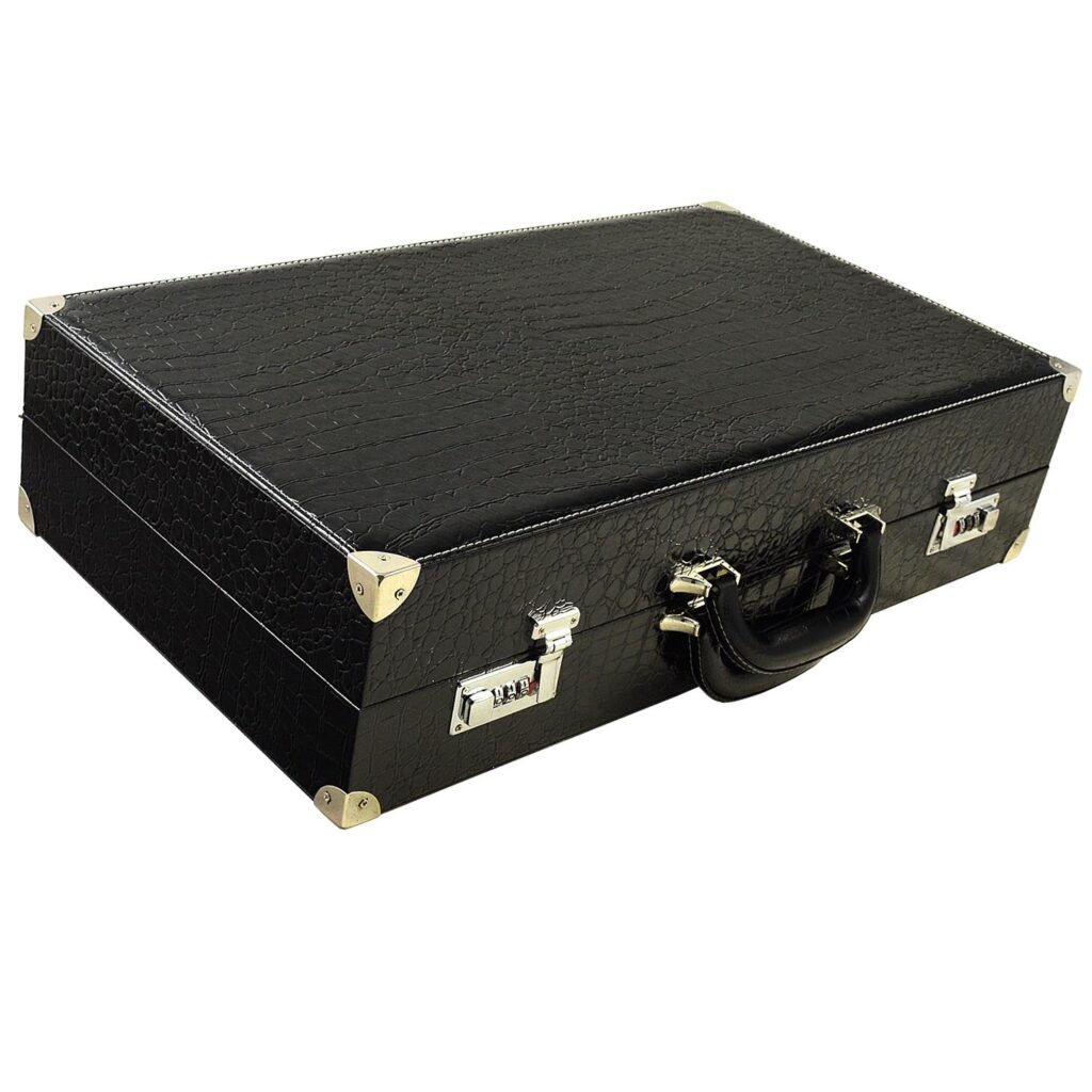 Black PU leather watch suitcase box with textured exterior and secure closure