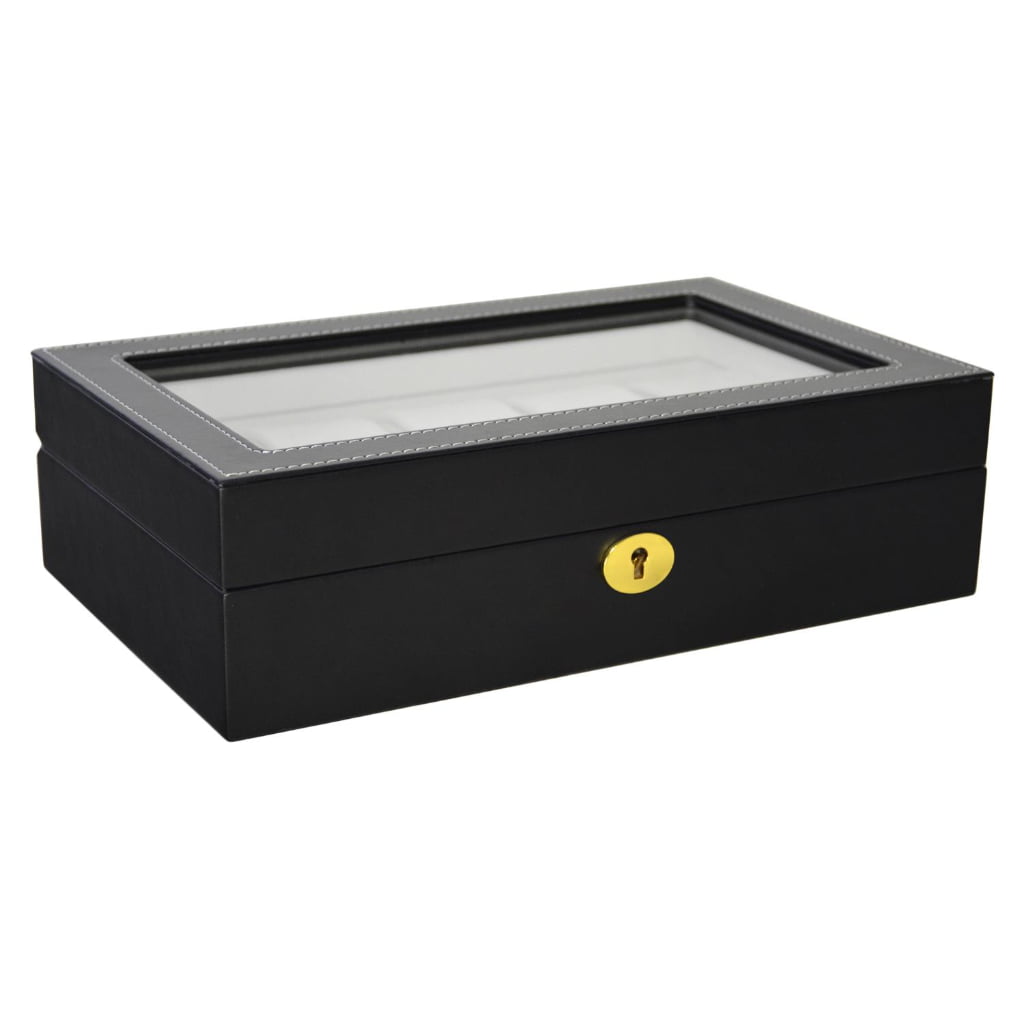 Black PU leather 10 slot watch storage box with tempered glass display window