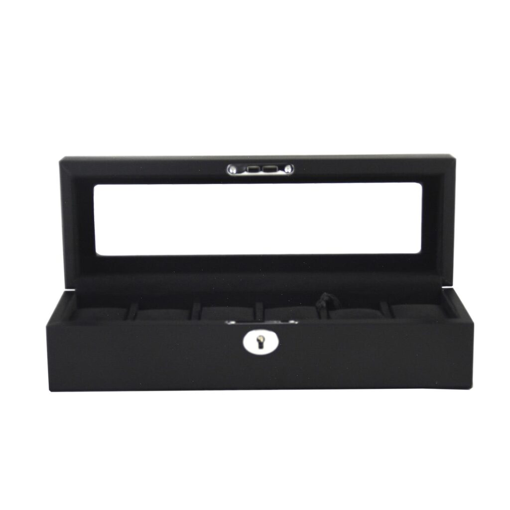 Black watch display case open showing six storage compartments