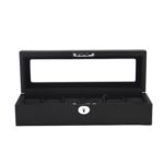 Black watch display case open showing six storage compartments