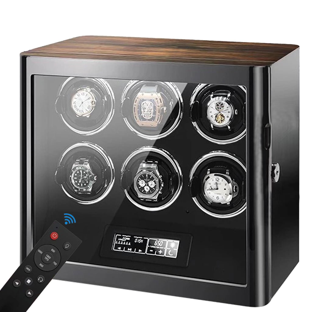 6 watch winder with zebra stripe top, tempered glass window, touchscreen and remote control
