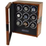 9 watch winder with high-gloss dark yellow exterior, open glass door and black interior