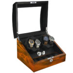 Open luxury watch display case with zebra wood grain exterior and black interior