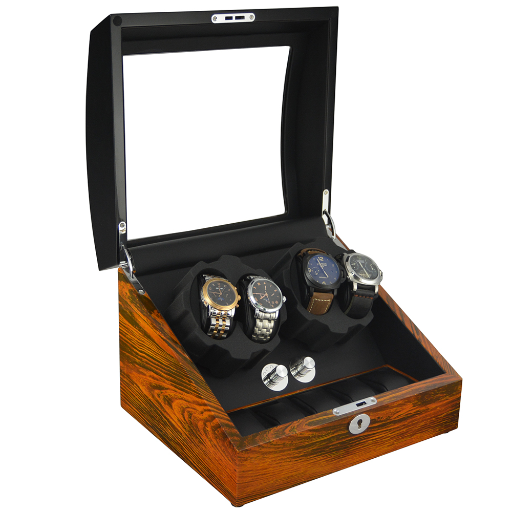 Open luxury watch display case with zebra wood grain exterior and black interior