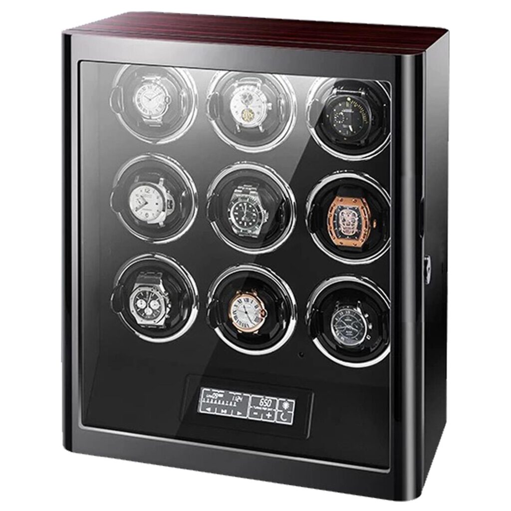 9 watch winder with high-gloss ebony and black exterior, tempered glass window and touchscreen control
