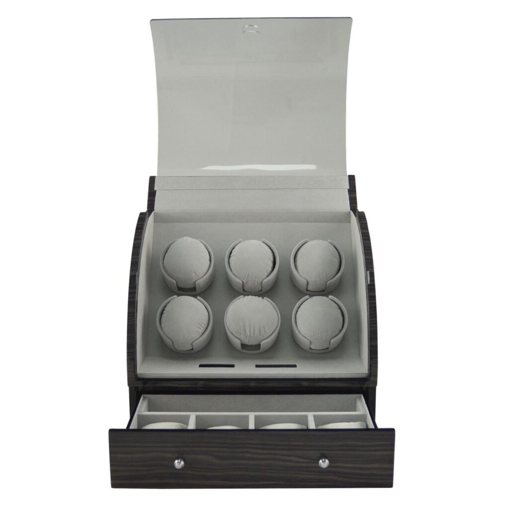 Oak automatic watch winder side view showing tempered glass door and lock detail