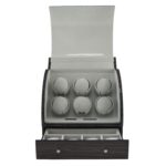 Oak automatic watch winder side view showing tempered glass door and lock detail