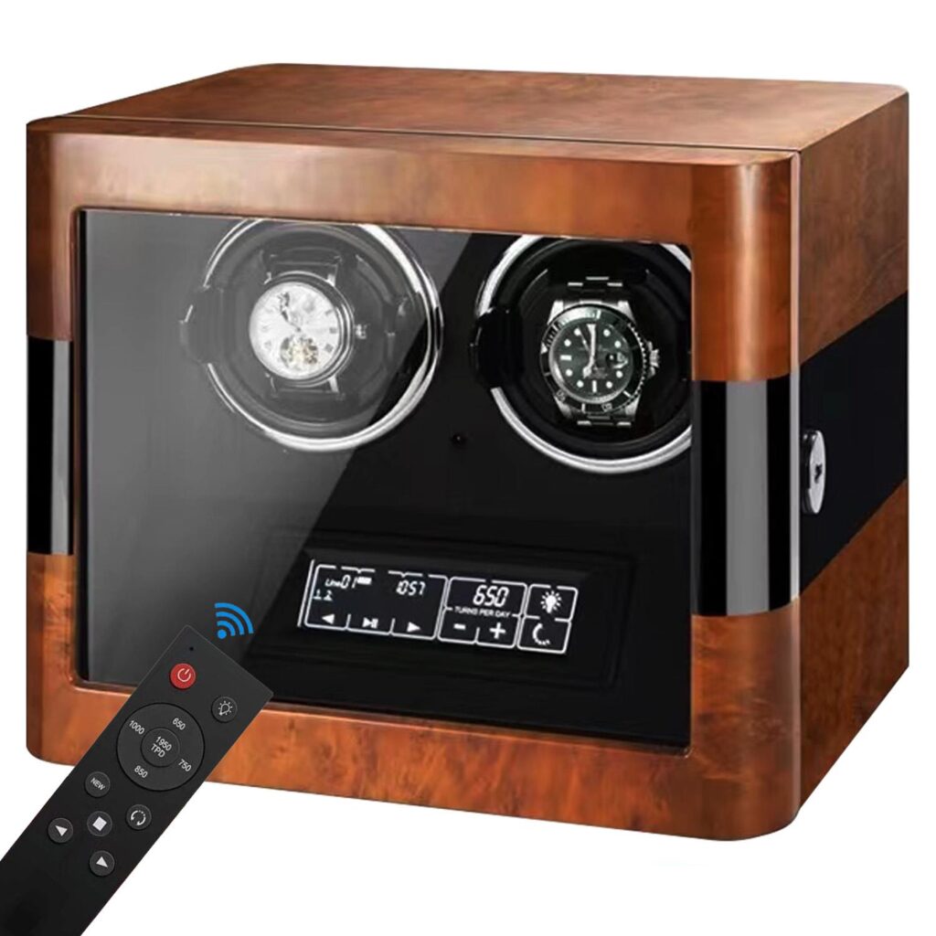 Premium watch storage winder with dark yellow exterior and touchscreen display