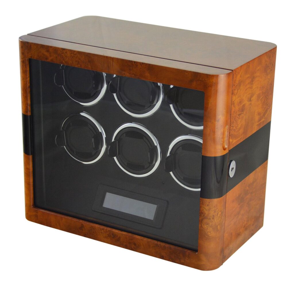 Sextuple Watch Winder angle side with deep yellow high glossy lacquer