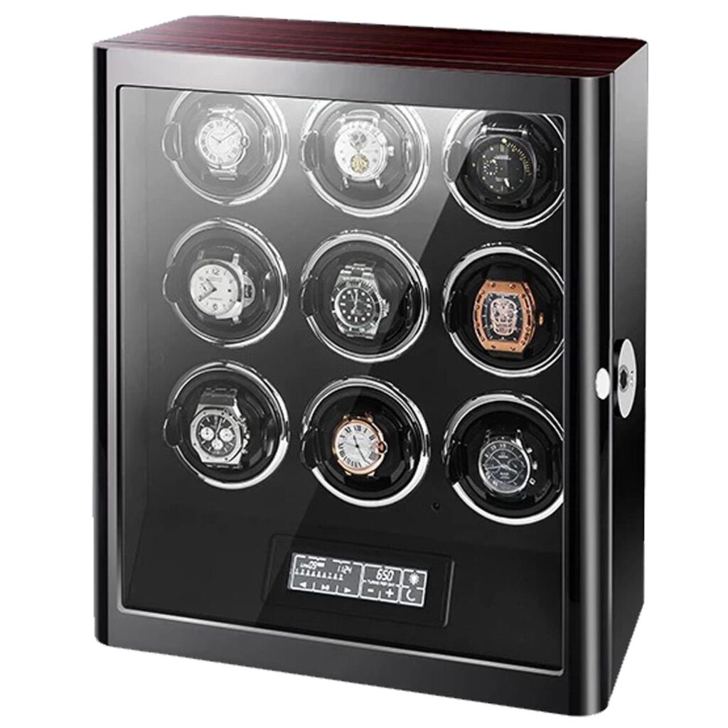 9 watch winder with fingerprint lock, tempered glass display, ebony top and touchscreen control