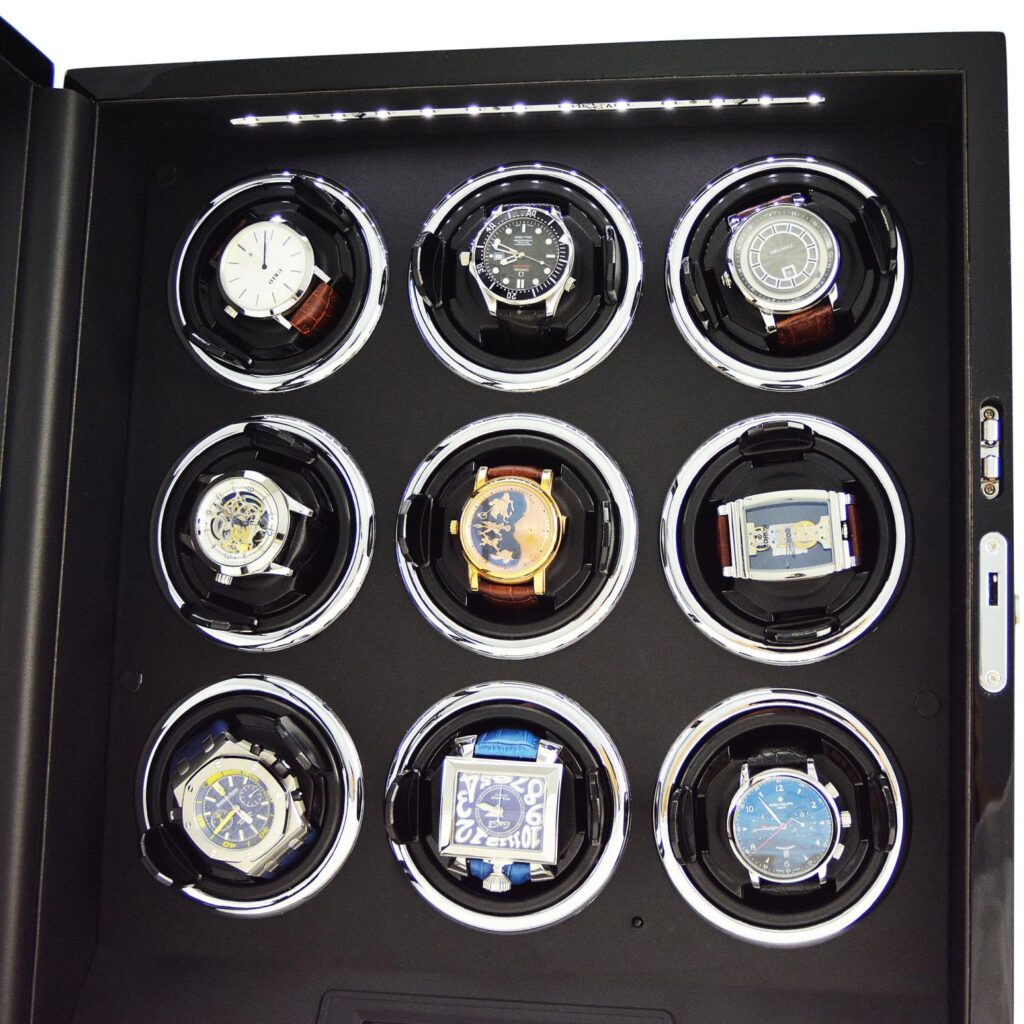 9 watch winder interior with nine watches, black compartments and illuminated LED light strip