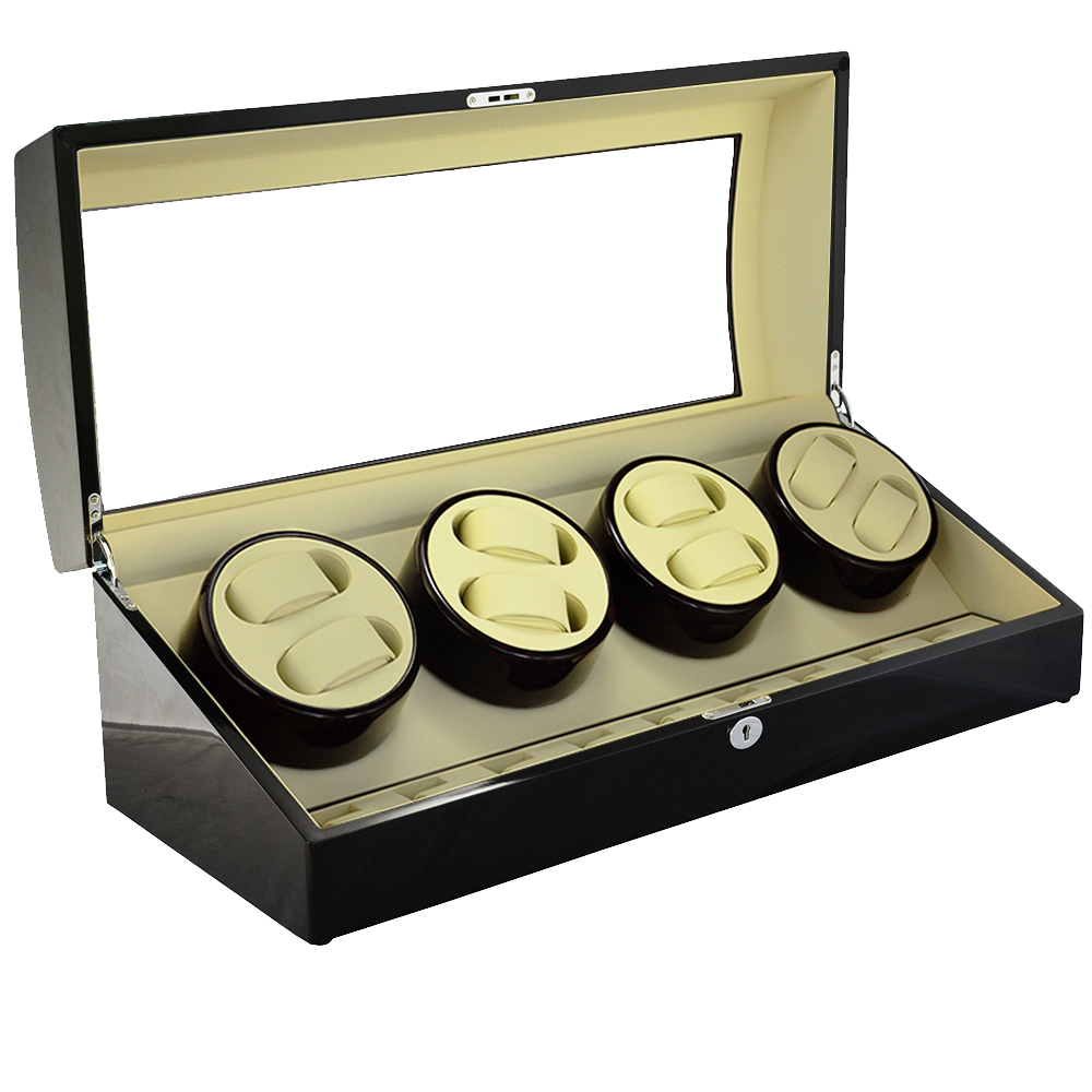 Automatic watch winder case showing multiple winding positions and storage compartments
