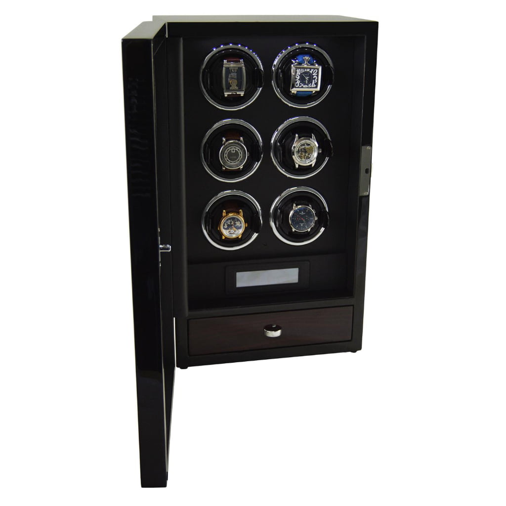 Black 6 watch winder displaying six watches with vertical winding position layout and LED lighting
