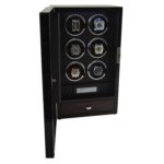 Black 6 watch winder displaying six watches with vertical winding position layout and LED lighting