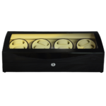Luxury watch winder display case front with organized watch cushions and storage areas