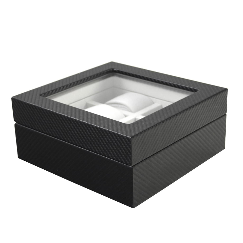 Carbon fiber 6-watch box in angled closed view with tempered glass window