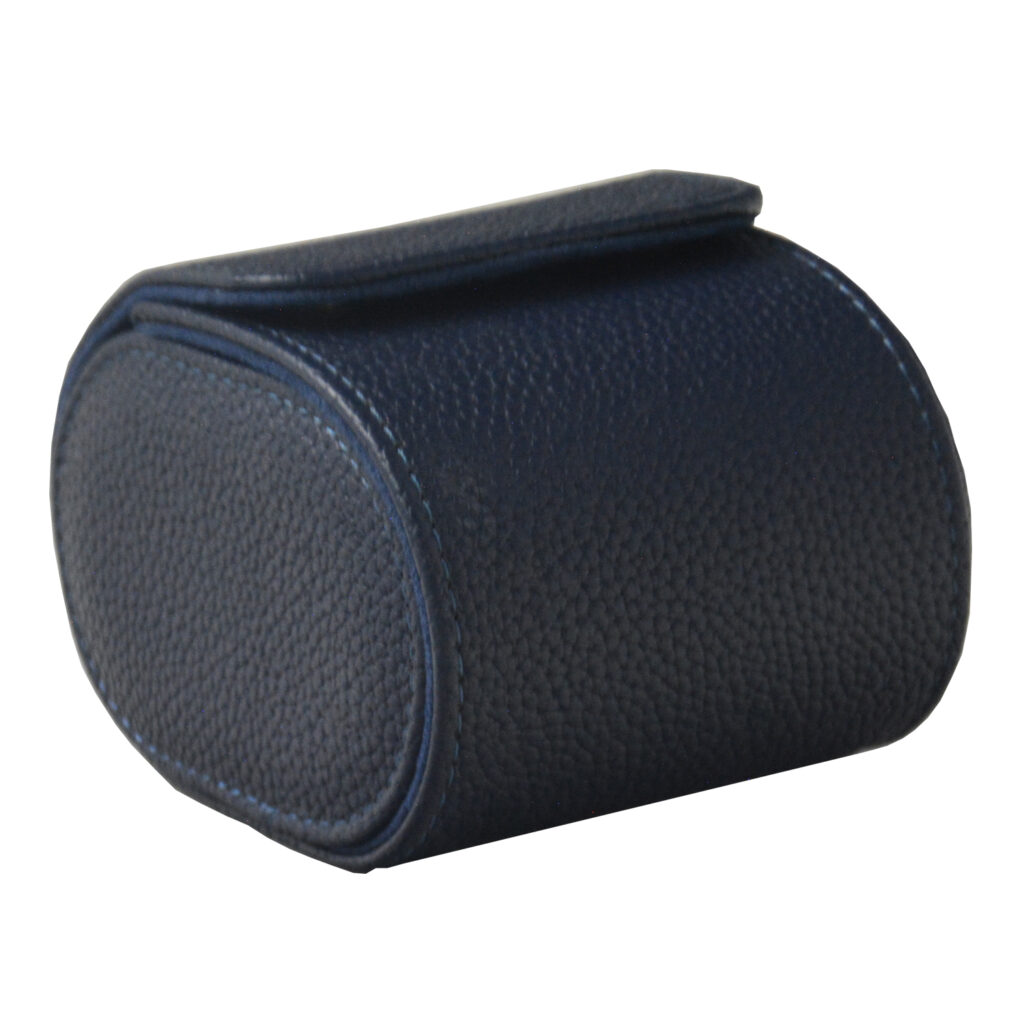 Blue pebbled PU leather single watch roll shown from the side